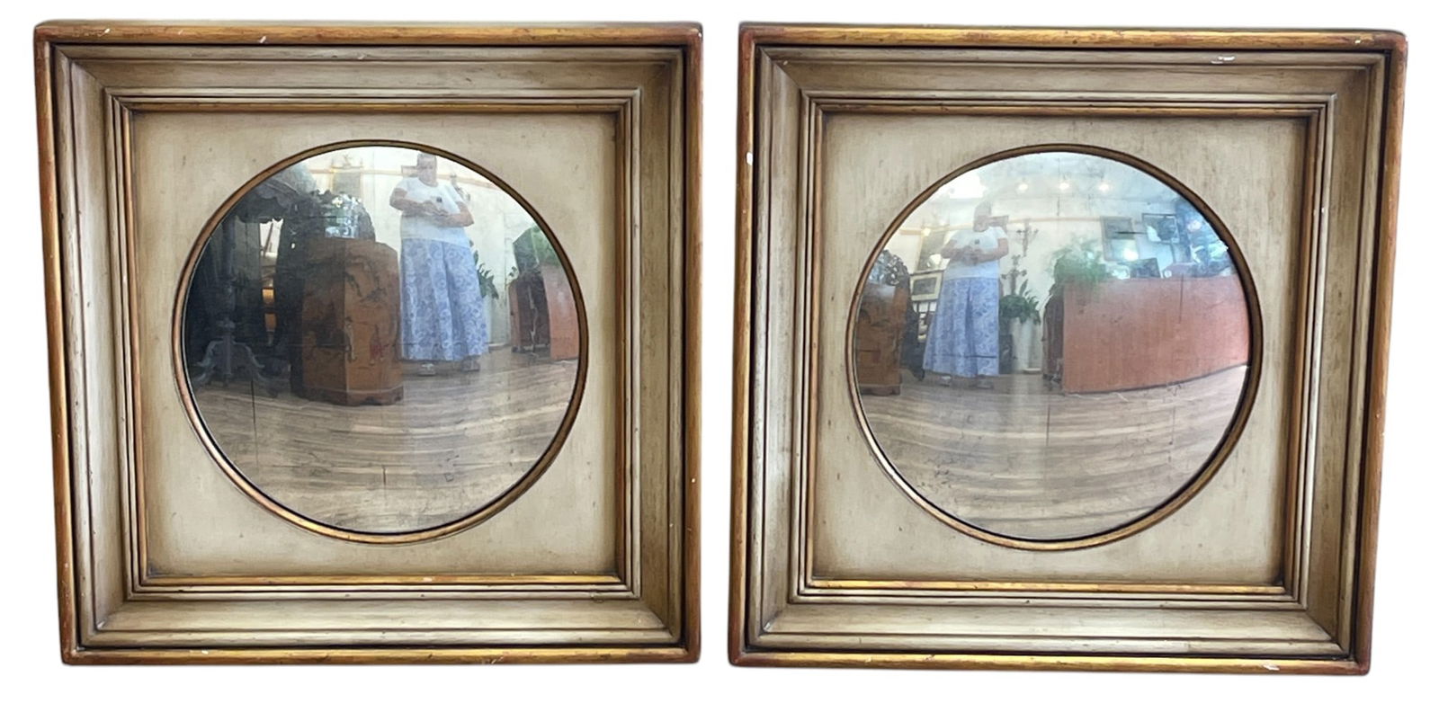 Pair John Richard Convex Mirrors: **All proceeds go to Habitat for Humanity of Long Island** Measure 19.75 inches square. Overall good condition, please see photos.