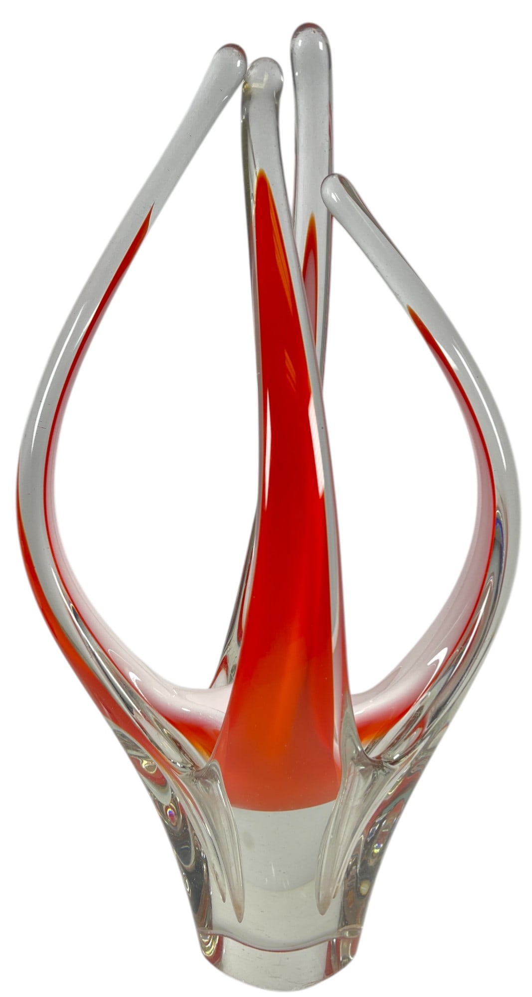 Mid Century Signed Flygsfors Coquille Art Glass Sculpture Paul Kedelv: Flygsfors Coquille art glass four prong sculpture by a Swedish artist in white, orange & clear art glass. Signed and dated on the base. Measures 17.5 inches high, 8.5 inches across. Overall good condi