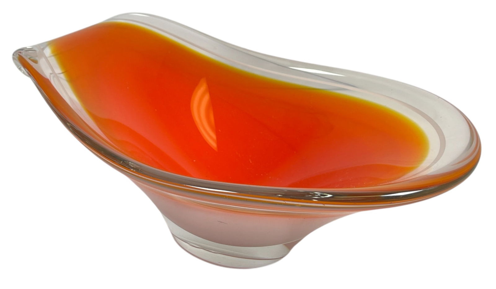 Mid Century Signed Flygsfors Coquille Art Glass Sculpture Paul Kedelv: Flygsfors Coquille art glass sculpture by a Swedish artist in white, orange & clear art glass. Signed and dated on the base. Measures 4.5 inches high, 13.25 inches across. Overall good condition, no c