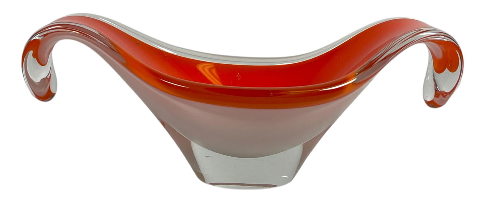 Mid Century Signed Flygsfors Coquille Art Glass Bowl Paul Kedelv: 1963 Flygsfors Coquille art glass bowl by a Swedish artist in white, orange & clear art glass. Signed and dated on the base. Measures 10.5 inches long x approx 4.75 inches wide. Overall good condition