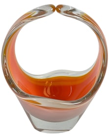 Mid Century Signed Flygsfors Coquille Art Glass Basket Paul Kedelv