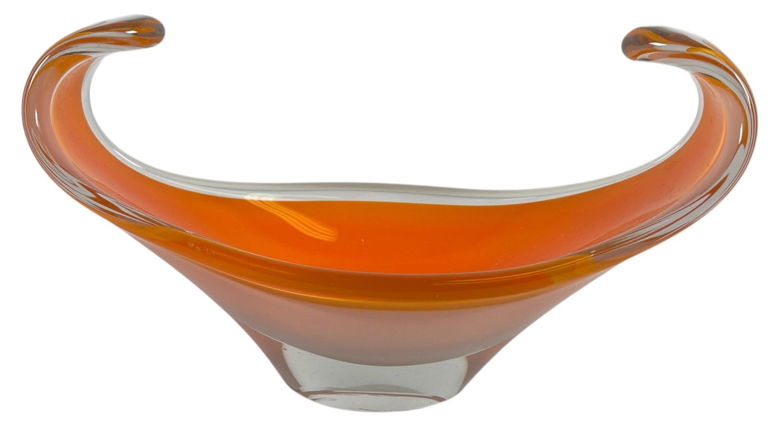 Mid Century Signed Flygsfors Coquille Art Glass Bowl Paul Kedelv: 1962 Flygsfors Coquille art glass bowl by a Swedish artist in white, orange & clear art glass. Signed and dated on the base. Measures 6 inches high, 10.25 inches long. Overall good condition, no chips