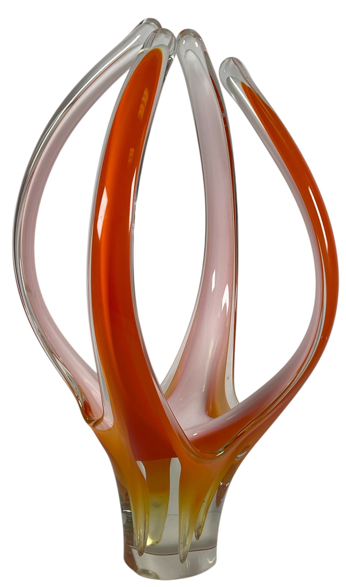 Mid Century Signed Flygsfors Coquille Art Glass Sculpture Paul Kedelv: Flygsfors Coquille art glass four prong sculpture by a Swedish artist in white, orange & clear art glass. Signed and dated on the base. Measures 17.5 inches high, 8.5 inches across. Overall good condi