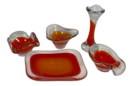 (5) Mid Century Signed Flygsfors Coquille Art Glass Dishes