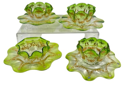 Set of 4 Victorian Moser Enameled Bowls and Underplates