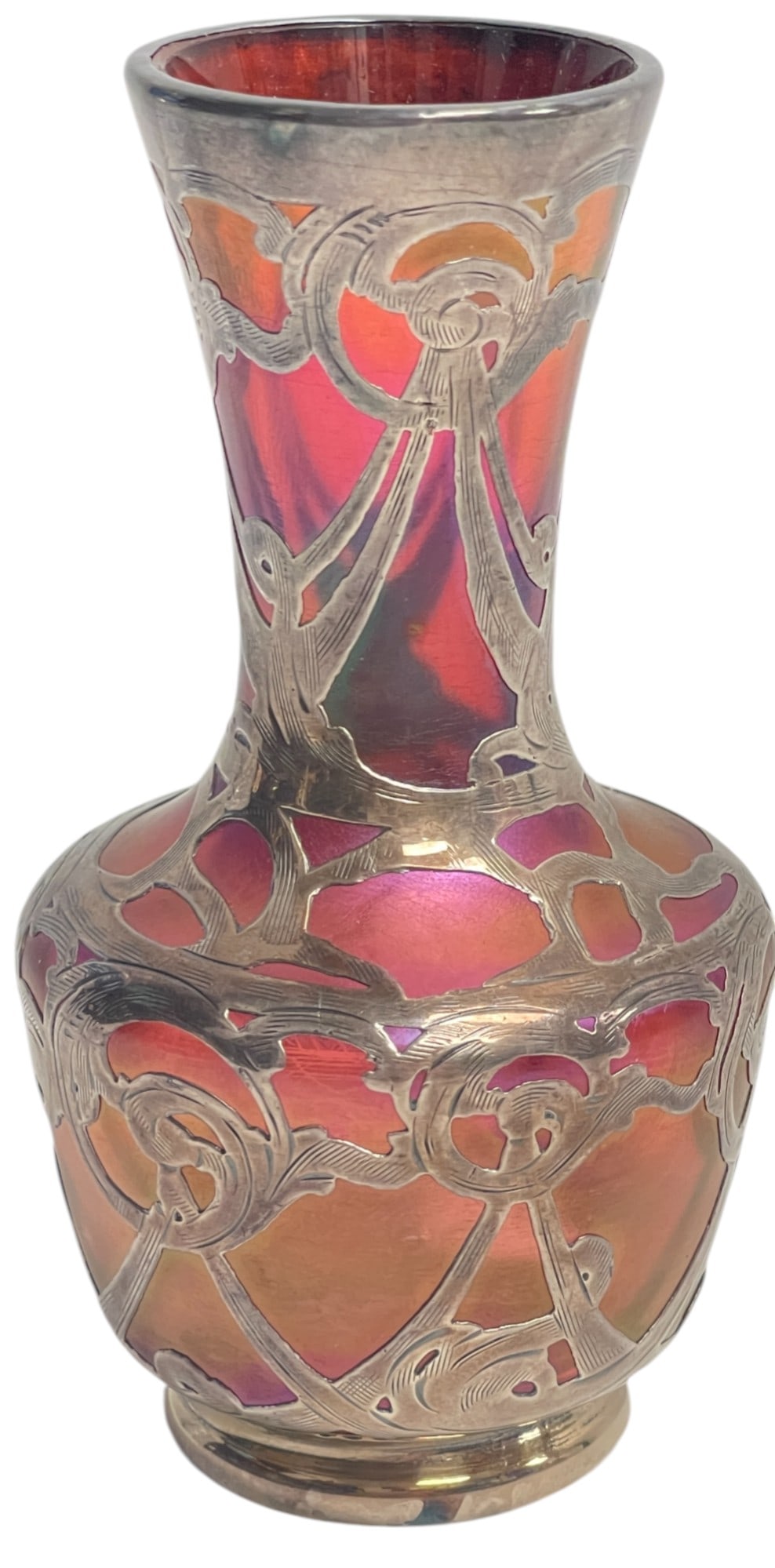 Loetz Art Glass & Sterling Silver Overlay Cabinet Vase: Measures 4.25 inches high. Marks are faint, please see photos. No monogram. Overall good condition, no chips or cracks.