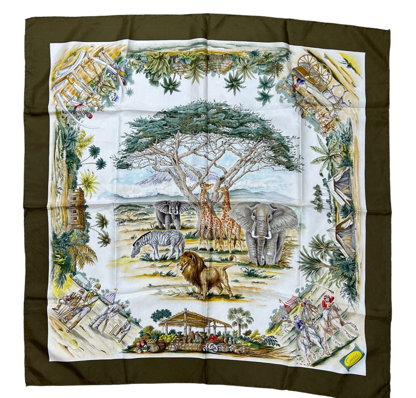 Vintage Gucci Africa Safari / Polo Players Silk Scarf: Khaki green ground with africa scene. 33 inches square. Overall good condition, please see photos.