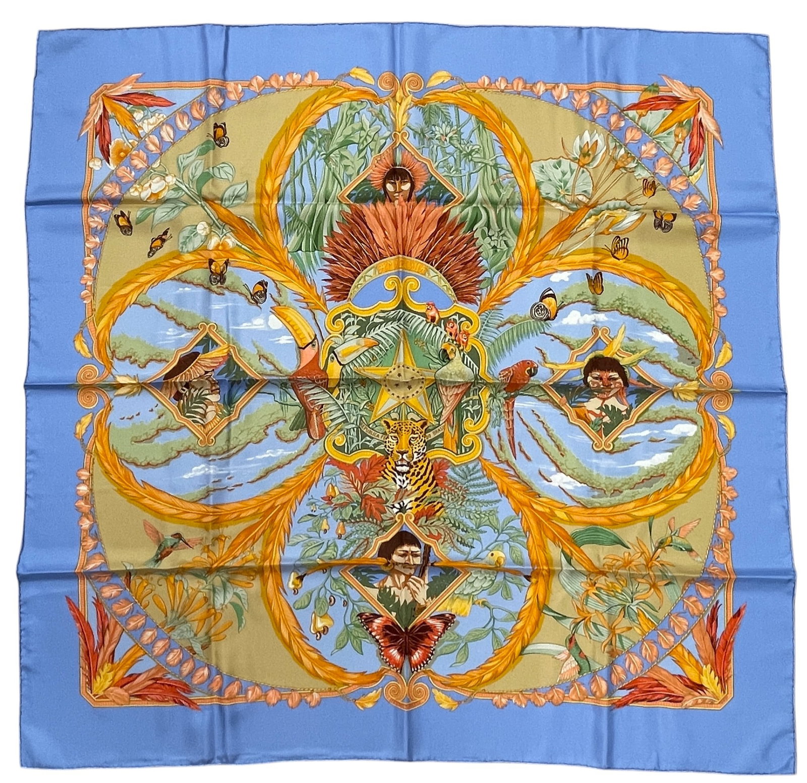 Hermes Laurence Bourthoumieux Blue Amazonia Silk Scarf: Never worn. Blue ground. 90 cm x 90 cm.