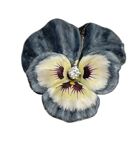 Art Nouveau 14k Yellow Gold Enamel & Diamond Pansy Brooch