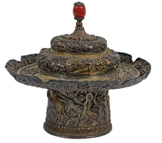 18/19 Century Chinese Tibetan Silver Gilt Cup Stand & Ld