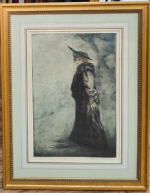 Manuel Robbe Aquatint Engraving Femme Dans Un Parc