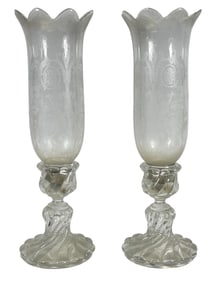 Pair Baccarat Crystal Etched Hurricane Shade Candlesticks