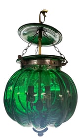Vintage Melon Bell Jar Lantern with Emerald Green Glass