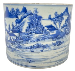 Chinese Kangxi Dynasty Blue & White Landscape Bitong Brush Pot