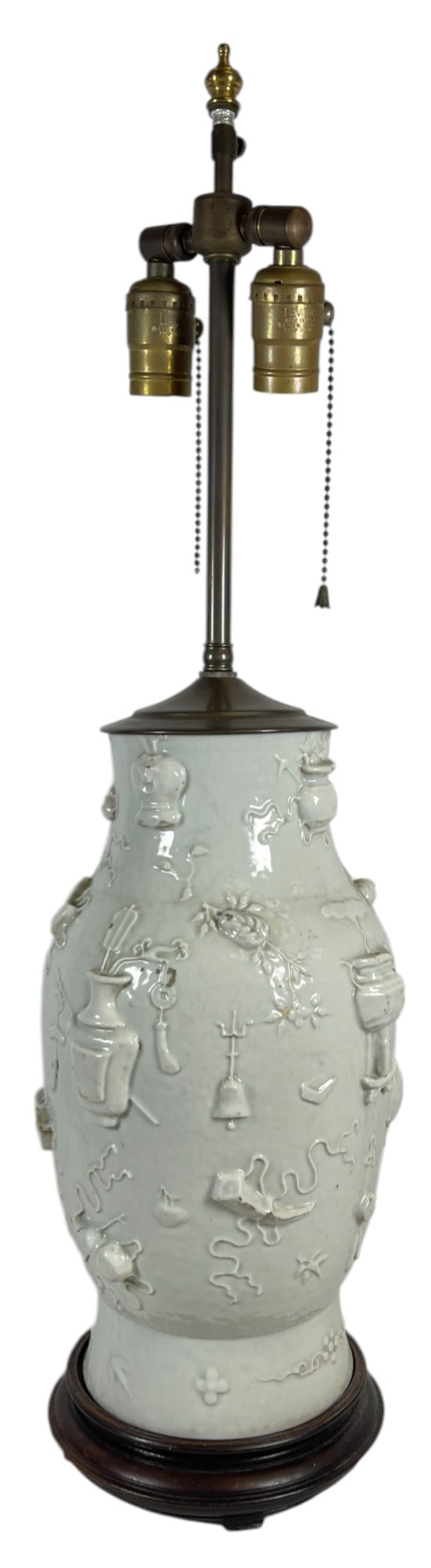 Chinese Monochrome Celadon Lamp with Applied Design: Very pale green with applied design. Porcelain measures 12.75 inches high, lamp measures approx 26.5 inhes to finial. Overall good condition, please see photos. Comes from an extensive collection of a