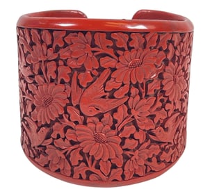 Chinese Carved Cinnabar Lacquer Floral & Birds Cuff Bracelet