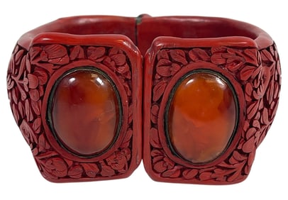 Chinese Carved Cinnabar Lacquer & Carnelan Hinged Bangle Bracelet