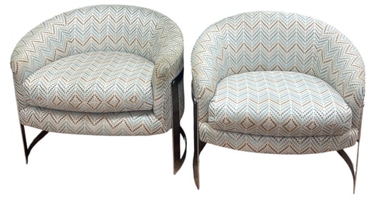 Pair Mid Century Thayer Coggin by Milo Baughman Chrome Barrel Club Chairs