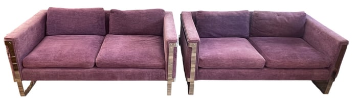 Pair Mid Century Milo Baughman Style Chrome & Aubergine Loveseats