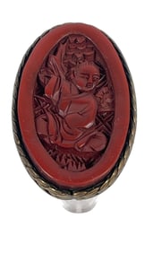 Estate 14k Yellow Gold & Carved Oval Cinnabar Tablet Ring size 7.25