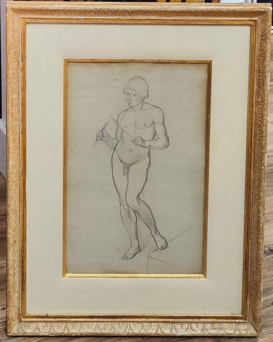 Moritz Daniel Oppenheim Male Nude Study Drawing: Moritz Daniel Oppenheim (Germany, 1800 - 1882) 19th c. drawing on paper of a Male Nude, possibly a study. Very good condition under glass. Nicely framed and matted. Paper has some minor rippling. Not