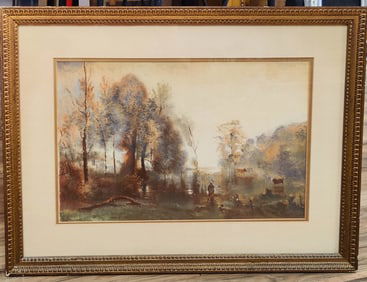 Attributed Camille Corot Tempera European Landscape