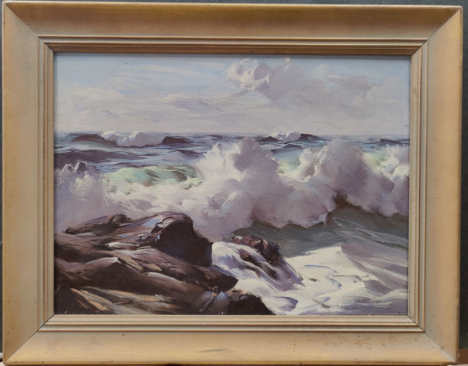 A. J. Shelton White Capped New England Ocean Seascape: Alphonse Joseph Shelton (1905 - 1976) O/C painting of a New England White Capped Ocean Seascape. Very good condition and nicely period framed. Signed lower right. 15.5" x 11.25" sight.