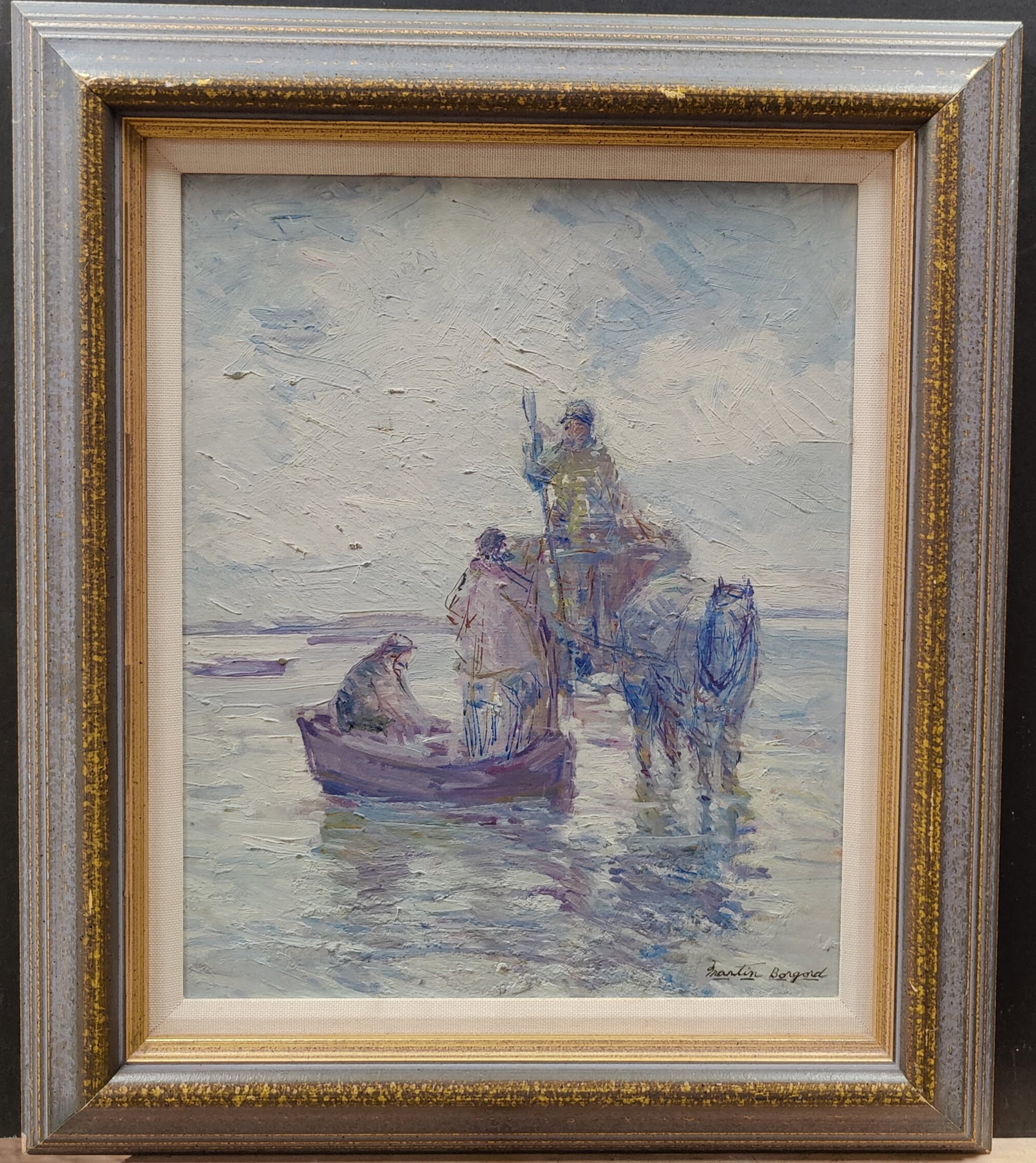Martin Borgord Men Fishing Seascape w/ Sketch on Verso: Martin Borgord (California, New York, Holland, Norway, 1869 - 1935) O/B painting of Men Fishing, one on Horseback. Good condition painting. Signed lower right. Work has an oil stick drawing of a Victo