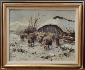 Illegibly Signed Sheepherder w/ Sheep Snowy Landscape