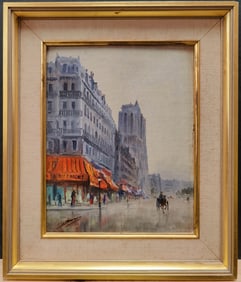Illegibly Signed French Street Scene w/ Horse & Carriage
