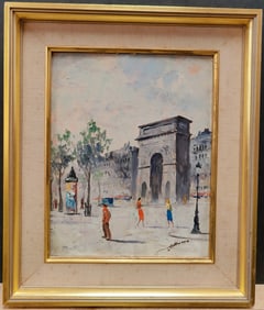 Illegibly Signed French Street Scene w/ Arc de Triomphe