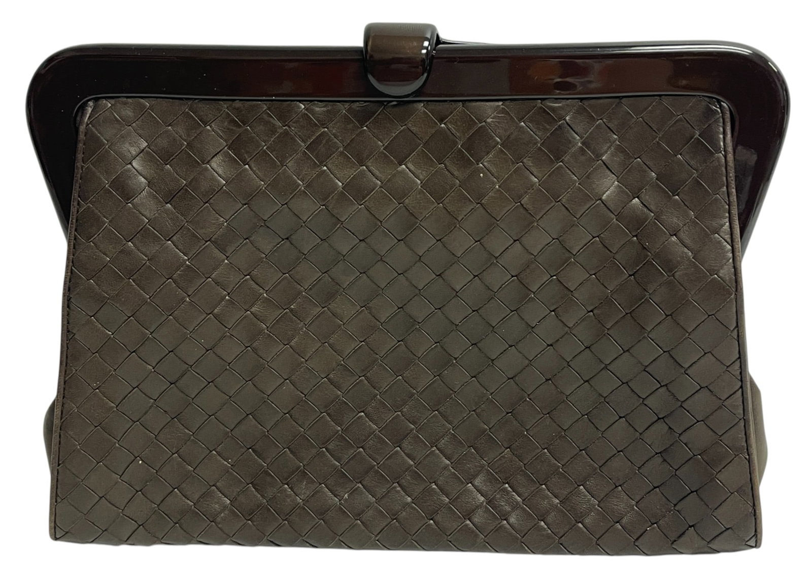 c1960 Bottega Veneta Nappa Intrecciato Clutch: Chocolate brown leather, lucite closure. Measures approx 11 inches long, 7.75 inches high. Overall good condition, please see photos.