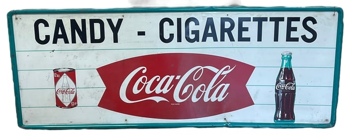 c1955 Coca Cola 5 Food Fishtail Candy Cigarettes Sign