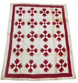 Antique Handmade Red & White Bear Paw Quilt