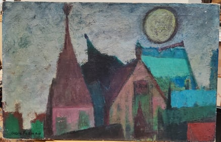 Cecile Forman Modernist Abstract O/C Titled Roof Tops