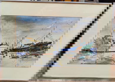 Signed W/C Folk Art Style Painting Montauk Harbor, 1968