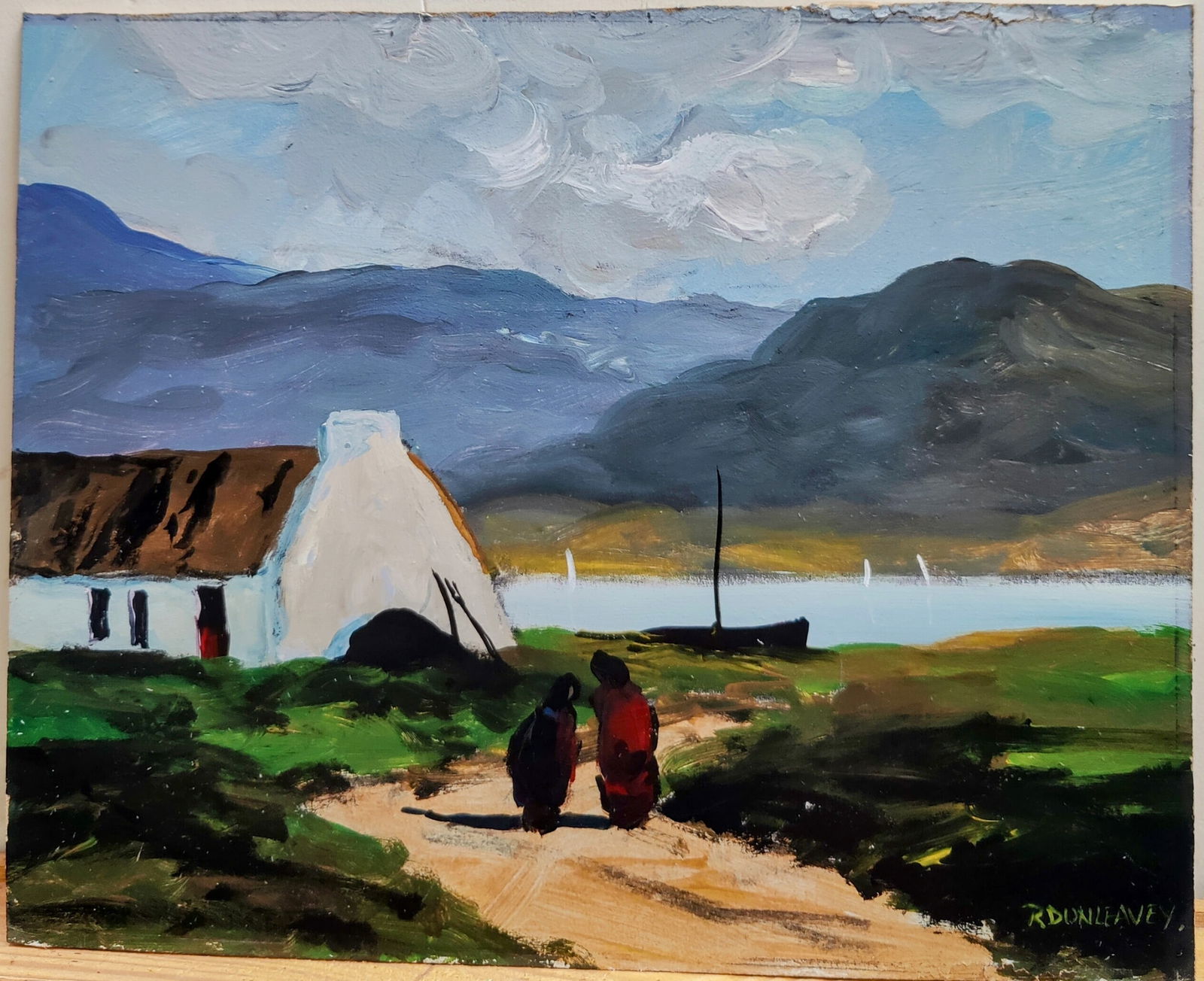 Robert Dunleavey Irish Village Landscape Connemara: Robert Dunleavey (Ireland, b. 1970 - ) O/B painting in very good condition, with edge wear and chipping to the upper right edge. A beautiful contemporary Irish countryside village landscape of Connema