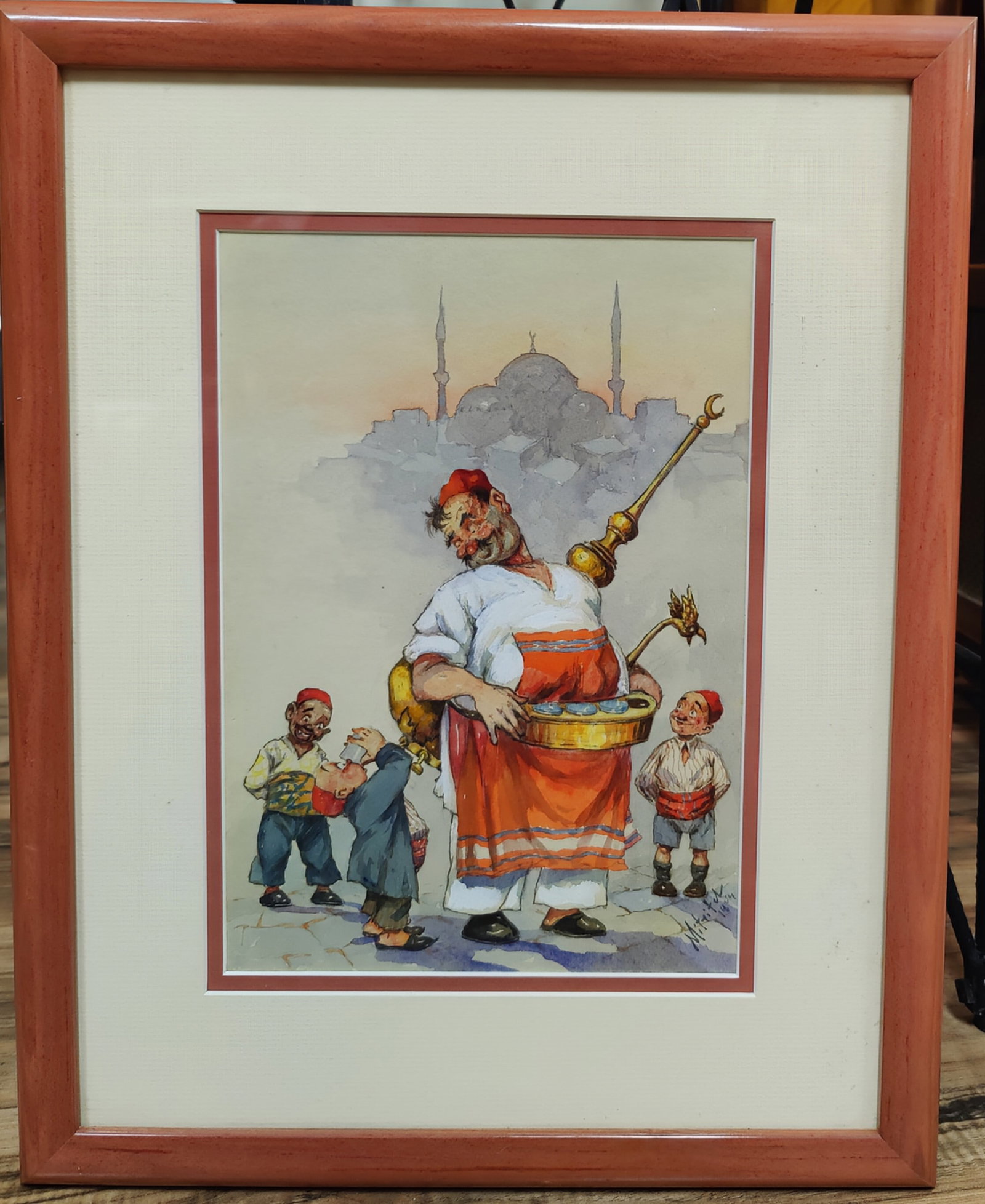 Karelin Mitritch Illustration Turkish Water Boy, 1923: Karelin Mitrich AKA, Vladimir Fedorovich Kadulin (Russia, New York, 1884 - 1957) W/C caricature illustration of a Turkish Water Boy, Istanbul, Turkey. Very good condition and signed Mitritch, 1923 low