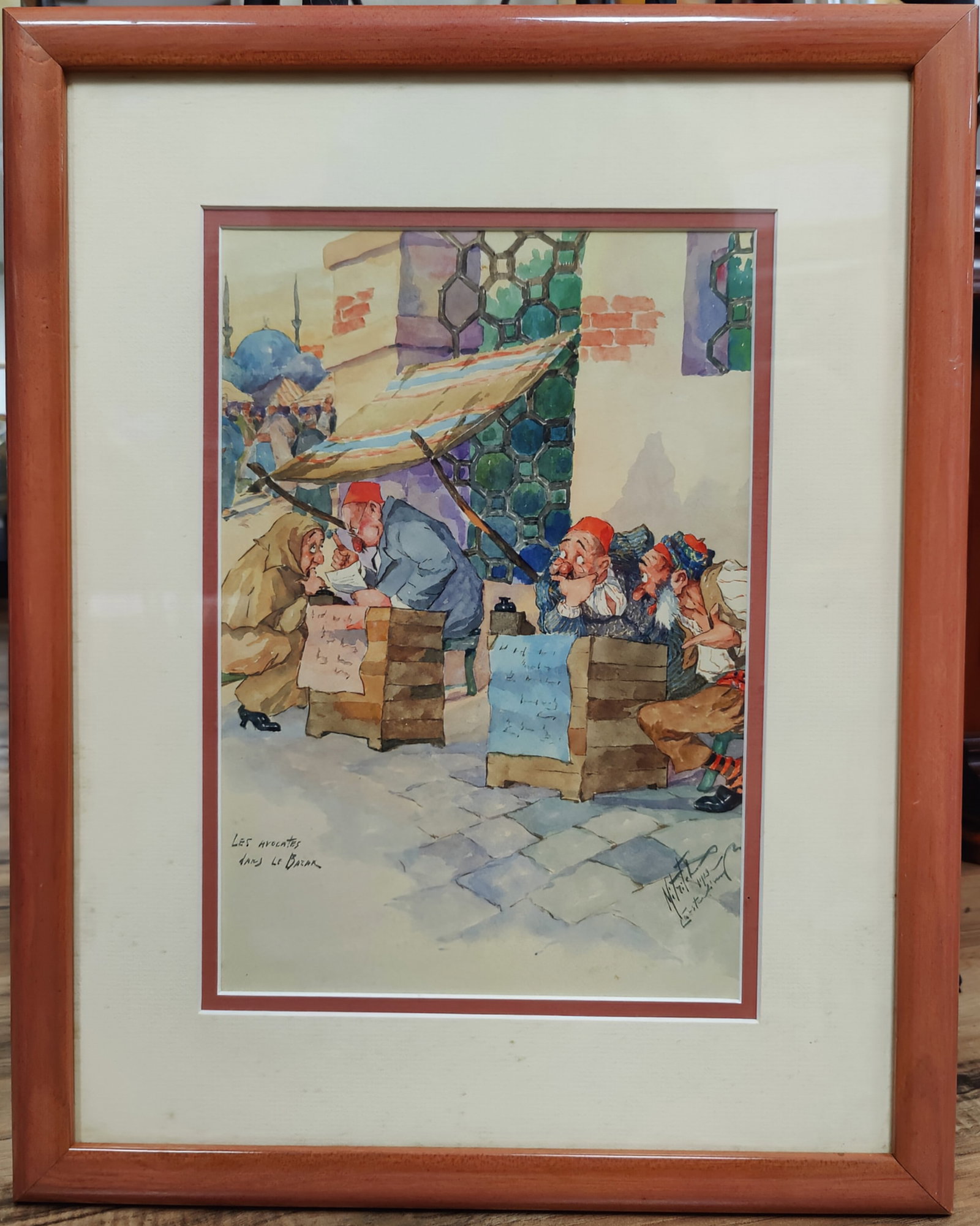 Karelin Mitritch Illustration Les Avocates Le Bazar, 1923: Karelin Mitrich AKA, Vladimir Fedorovich Kadulin (Russia, New York, 1884 - 1957) W/C caricature illustration of an Turkish Bazar Market, Constantinople, Turkey. Very good condition and signed Mitritch
