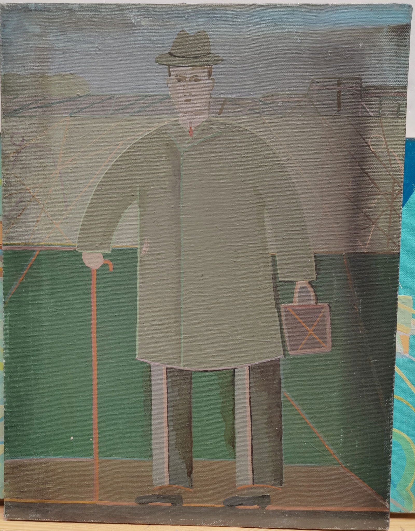 Alexander Ney Folk Art Style Surrealistic Gentleman: Alexander Ney (Russian Federation, New York, France, b. 1939 - ) scarce O/C painting in a folk art style of a city gentleman in a raincoat and rain hat, holding a cane. Good condition, with dirt accum