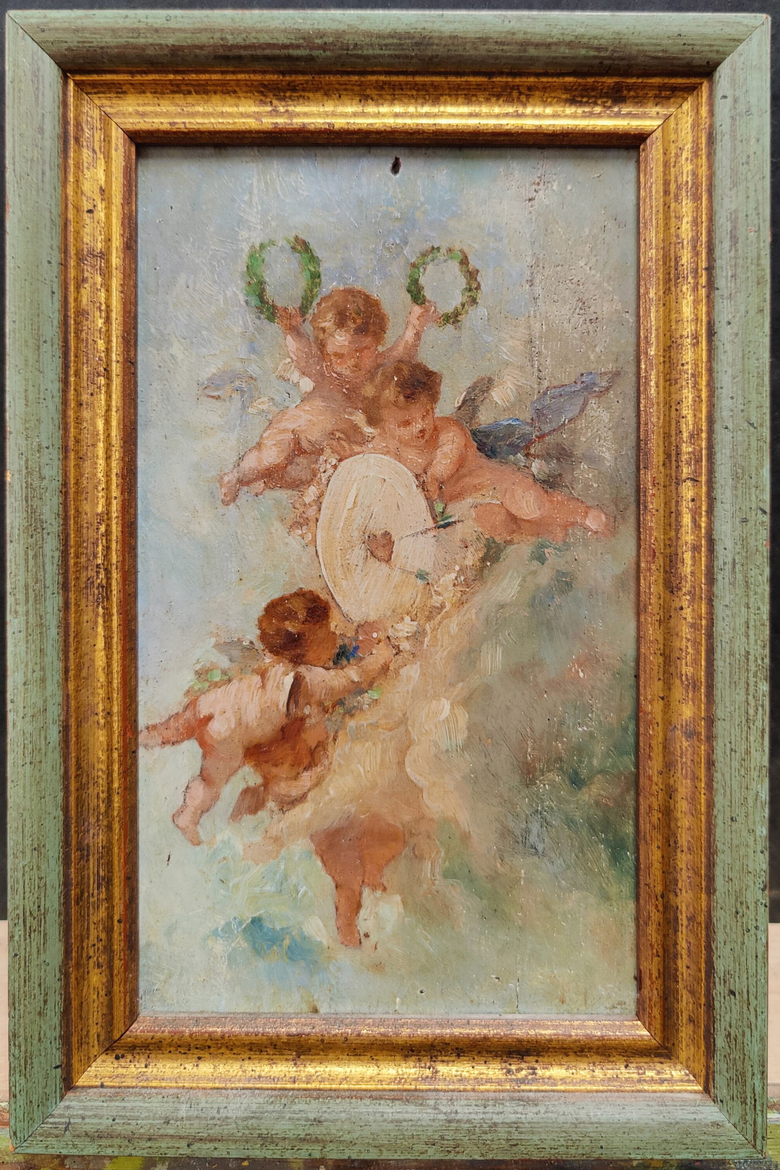 Old Master c. 19th c. Angels and Arrows O/B Painting (1 of 3)