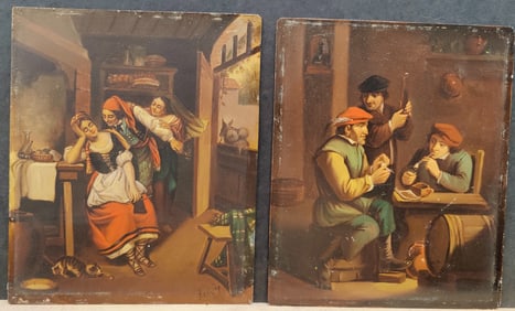 Pair of 19th c. Oil on Tin Pub Scenes