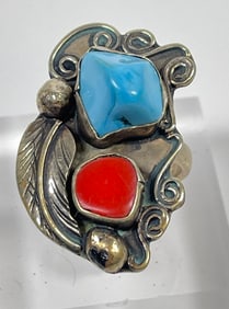 Native American Navajo Sterling Silver Turquoise & Coral Ring size 9