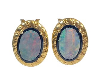 Vintage 14k Yellow Gold Onyx & Opal Doublet Earrings