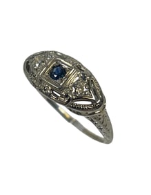 Art Deco 18k White Gold Diamond & Sapphire Ring size 9.5