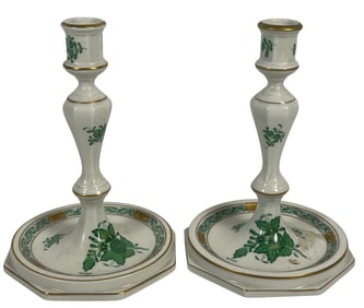 Pr Herend Apponyi Green Chinese Bouquet Single Light Candlesticks