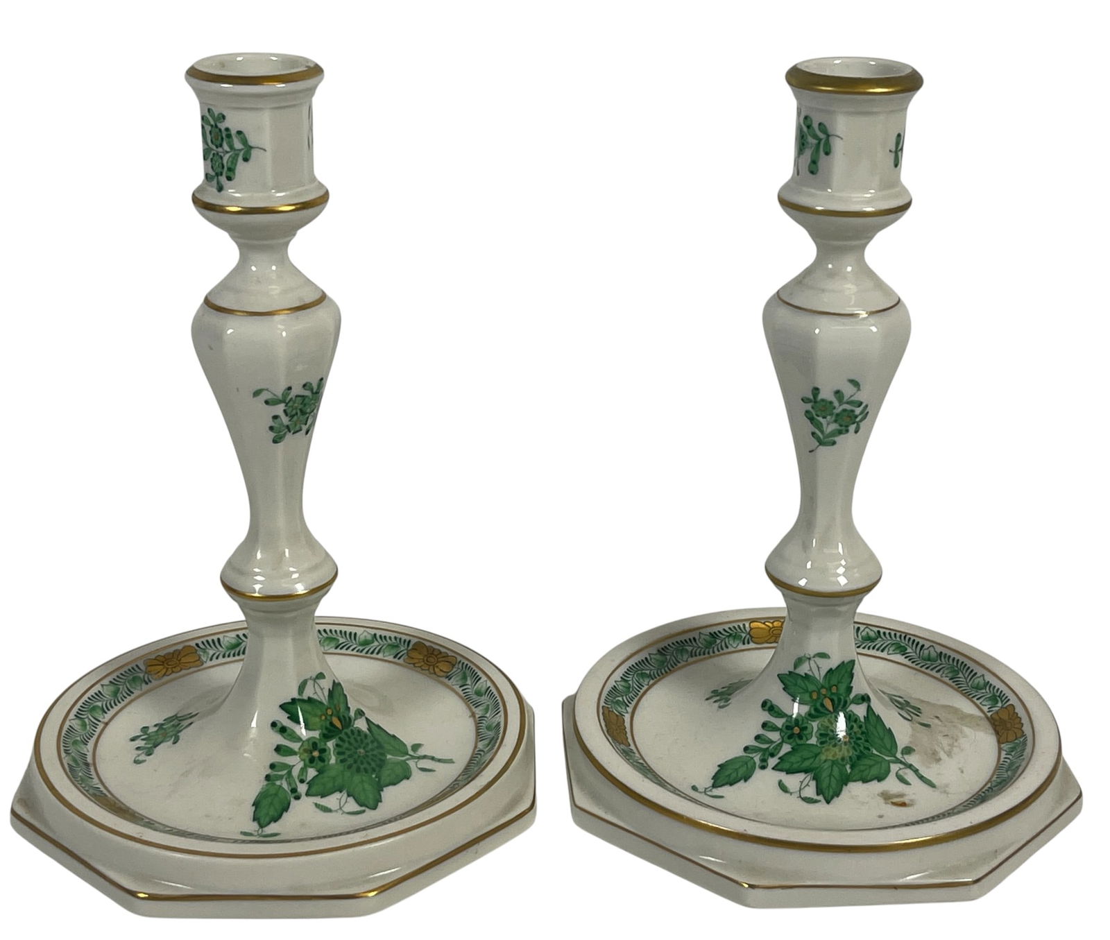 Pr Herend Apponyi Green Chinese Bouquet Single Light Candlesticks: Hand painted peony design surrounded by leaves in shades of green and 24 karat gold accents. One side factory drilled for a boudoir lamp. Measure 7.5 inches high, approx 5 inches across the base. Over