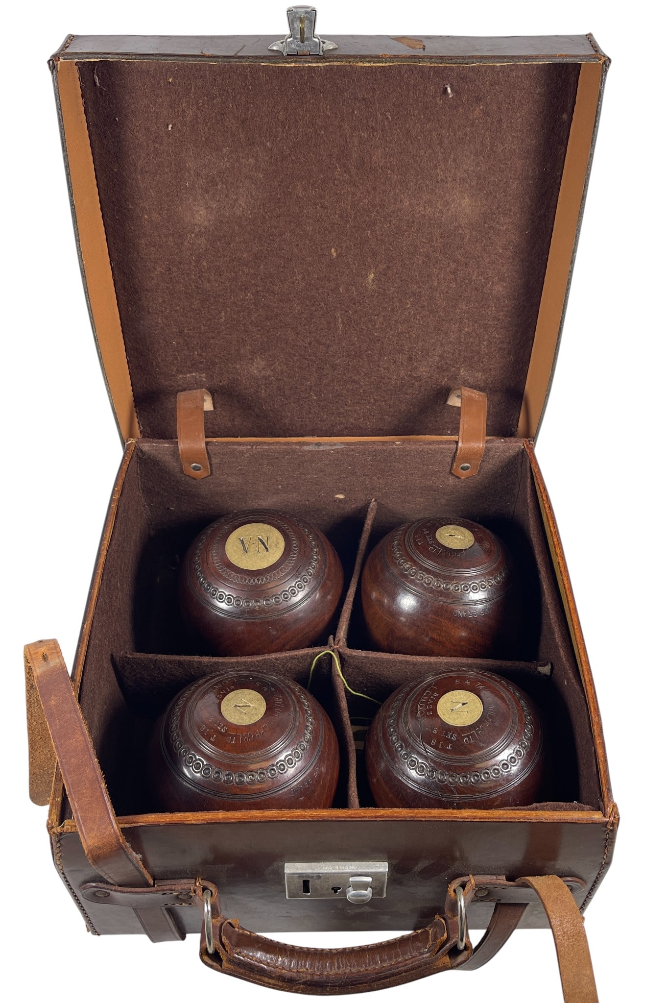 c1920 (4) Taylor Rolph Co English Lawn Bowling w/ Leather Box (1 of 6)