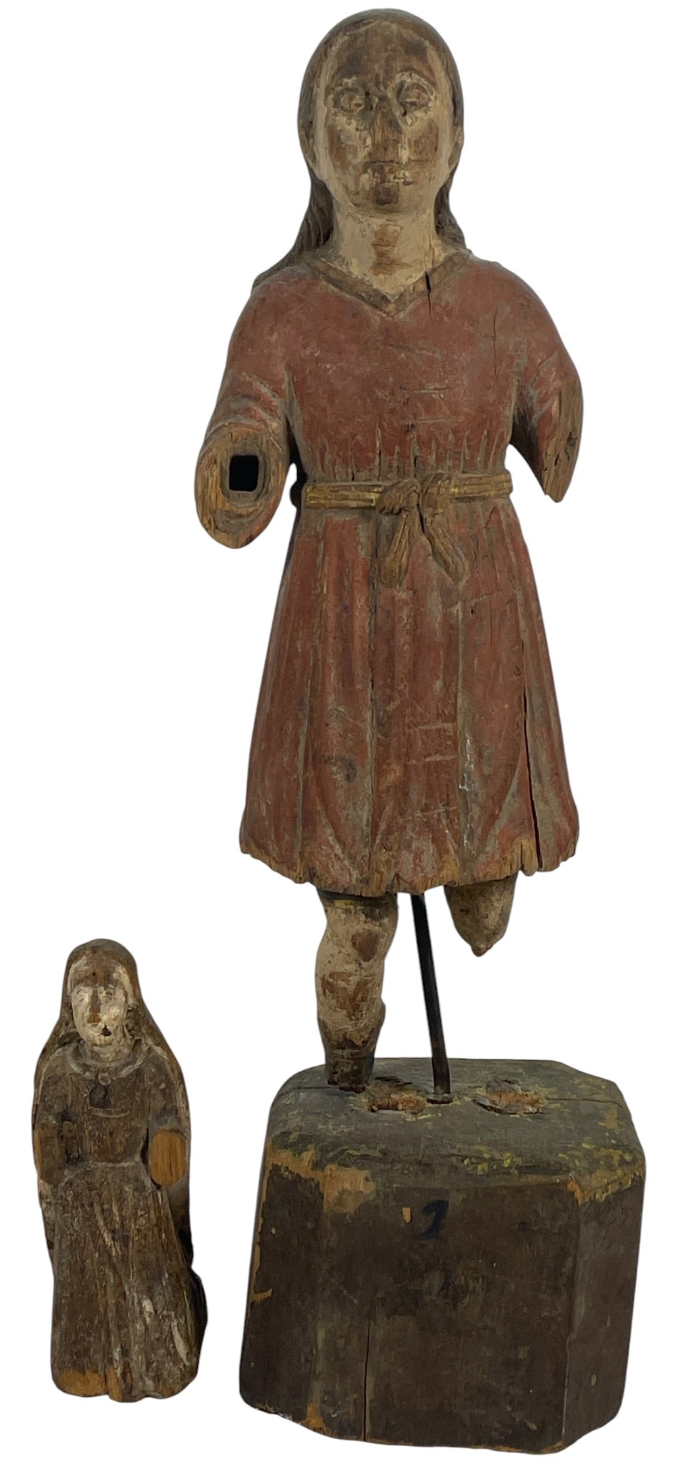 (2) 19th Century Wood Carved Santos Figures: Tallest measures 14.75 inches high, base is 3.75 x 4.25. Overall fair condition - some loss to both. Please see photos.