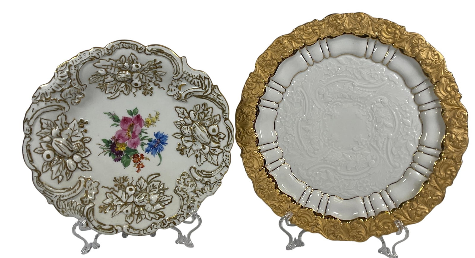 (2) 19th Century Meissen Plates: To include one gold trimmed plate (10.5 inch diameter), one floral decorated plate (9 inch diameter). Overall good condition, no chips or cracks.